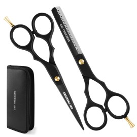 GMI-TWEEZERS-Hair Cutting Scissors for Professionals, and Home Use -Professional Barber Scissors-Hair Scissors for Men and Women-Thinning Shears for Hair Cutting Set-Pack of 2 (Black)