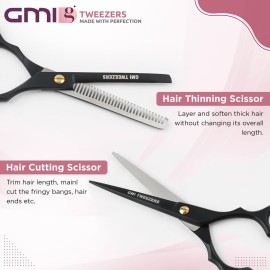 GMI-TWEEZERS-Hair Cutting Scissors for Professionals, and Home Use -Professional Barber Scissors-Hair Scissors for Men and Women-Thinning Shears for Hair Cutting Set-Pack of 2 (Black)