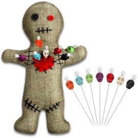 Kathfly 8 Pcs Voodoo Doll Set Include Horror Doll, 7 Pcs Skull Pins Ghost Soft Revenge Dammit Creepy Pin Holder Voodoo Resin Metal Straight Pins Stress Relieving(Flaxen)
