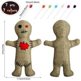 Kathfly 8 Pcs Voodoo Doll Set Include Horror Doll, 7 Pcs Skull Pins Ghost Soft Revenge Dammit Creepy Pin Holder Voodoo Resin Metal Straight Pins Stress Relieving(Flaxen)