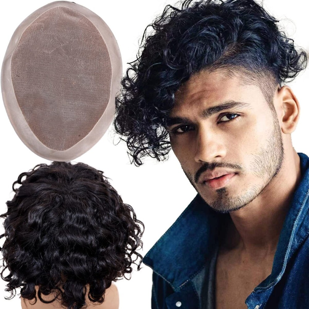 Lishy Curly Toupee for Men 9x7 European Virgin Human Hair Replacement Systems Mens Hairpiece Mono Lace Top with Durable PU Around Medium Light Density 1B Black Color Lishy Curly Toupee for Men 9x7 European Virgin Human Hair Replacement Systems Mens Hairpiece Mono Lace Top with Durable PU Around Medium Light Density 1B Black Color