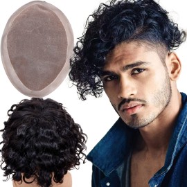 Lishy Curly Toupee for Men 9x7 European Virgin Human Hair Replacement Systems Mens Hairpiece Mono Lace Top with Durable PU Around Medium Light Density 1B Black Color