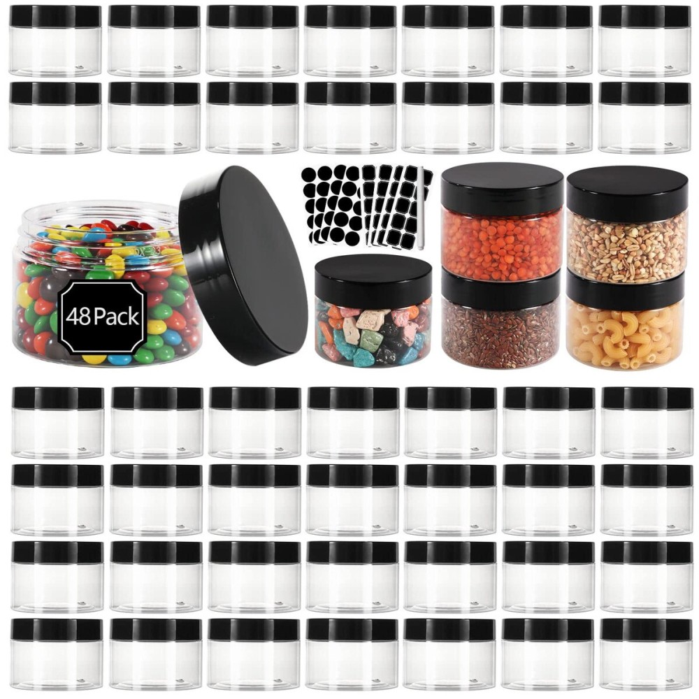 EkkoVla 40 Pack 6 oz Clear Plastic Jars Wide Mouth Round Containers with Black Lids BPA FREE, Empty Multi-use Refillable Storage Jar with Airtight Lid for Cosmetics Beauty Products