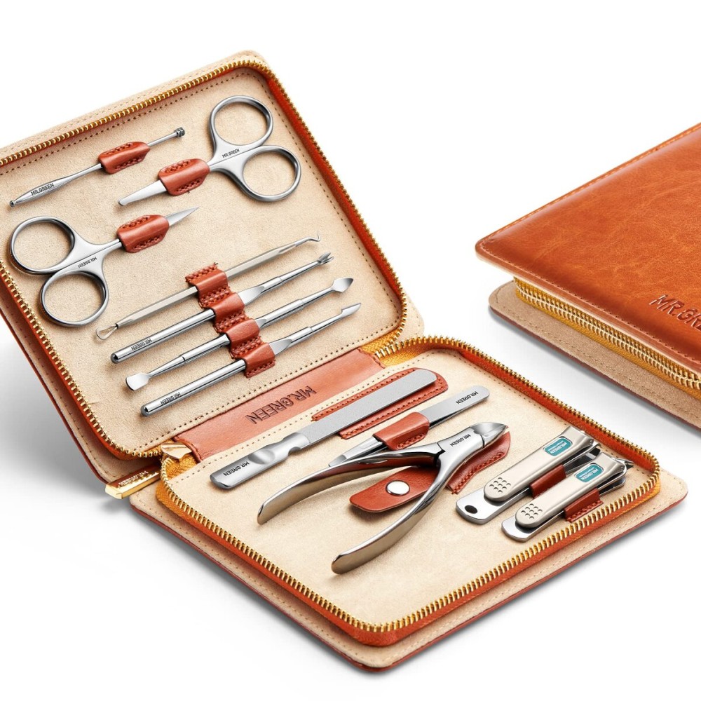 MR.GREEN Manicure Set 12 in 1 Full Function Nail Clippers Personal Care Tool Kits Stainless Steel Pedicure Sets with Leather Case Idea Gift (12Pcs Set) Brown MR.GREEN Manicure Set 12 in 1 Full Function Nail Clippers Personal Care Tool Kits Stainless Steel Pedicure Sets with Leather Case Idea Gift (12Pcs Set) Brown