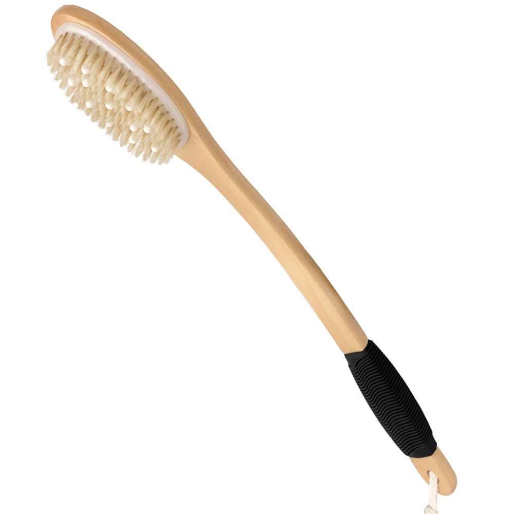 OWIIZI Bath Brush with Cellulite Massagers, Wooden Curved Long Handle Antiskid Dry Brushing Body Brush for Exfoliating, Natural Bristle Back Scrubber for Shower Use Wet or Dry for Men Women Elders OWIIZI Bath Brush with Cellulite Massagers, Wooden Curved Long Handle Antiskid Dry Brushing Body Brush for Exfoliating, Natural Bristle Back Scrubber for Shower Use Wet or Dry for Men Women Elders