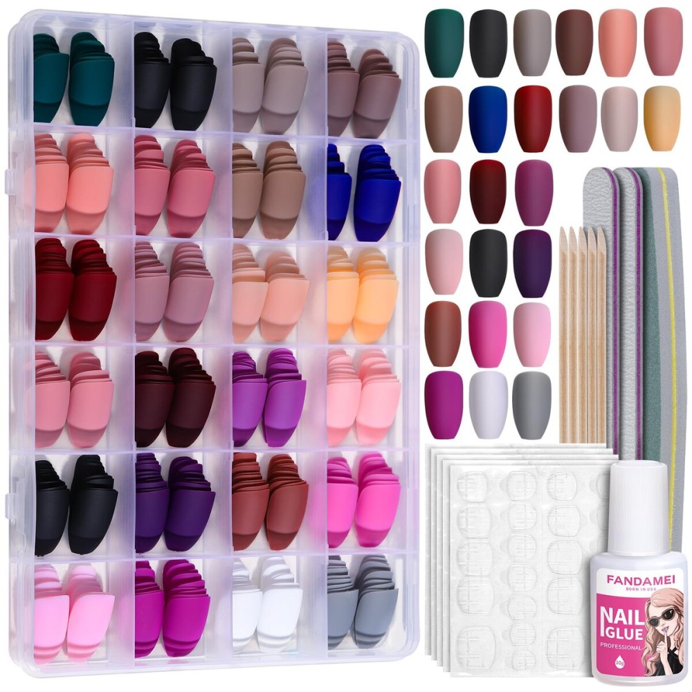 FANDAMEI Matte Press on Nails Medium Length, 24 Packs 576PCS Medium Coffin Fake Nails Full Cover, Acrylic Short Ballerina False Nail tips with Nail Glue, Nail Adhesive Tabs, Nail File for Nail Art DIY