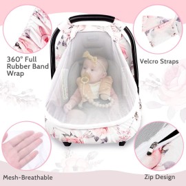 Carseat Cover Girls, Floral Baby Carseat Canopy with Zipper Mesh, Infant Stroller Cover, Watercolor Pink Flower
