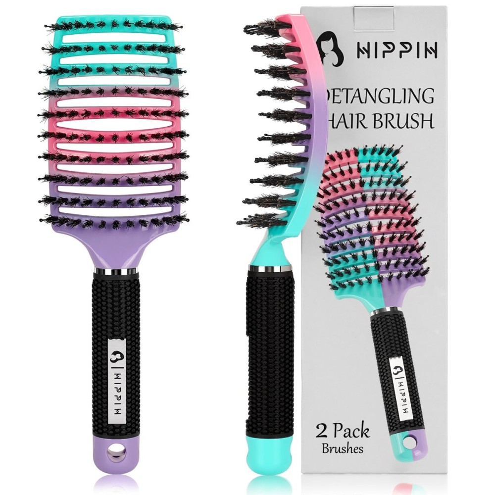 Hair Brushes for Women 2 Pack, HIPPIH Detangler Hair brush for Adult & Kids Wet or Dry Hair, Boar Bristle Hair Brush Getting Knots Out without Pain Adds Shine and Makes Hair Smooth