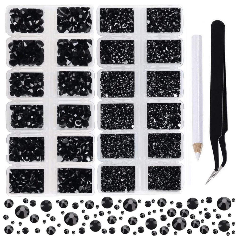 2-Box Massive Beads 8000pcs 6Sizes Nail Art Flatback Glasses Rhinestones Crystal for DIY Project with Tweezers and Picking Pen for Nail Art, Face Art, Manicure (Jet Black, 6 Sizes)