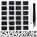 2-Box Massive Beads 8000pcs 6Sizes Nail Art Flatback Glasses Rhinestones Crystal for DIY Project with Tweezers and Picking Pen for Nail Art, Face Art, Manicure (Jet Black, 6 Sizes)