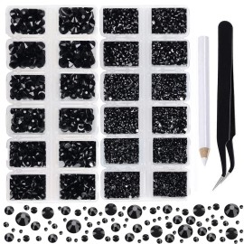 2-Box Massive Beads 8000pcs 6Sizes Nail Art Flatback Glasses Rhinestones Crystal for DIY Project with Tweezers and Picking Pen for Nail Art, Face Art, Manicure (Jet Black, 6 Sizes)
