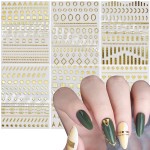 Geometry Nail Art Stickers, Holographic 5D Gold Nail Self-Adhesive Sticker Design, Bronzing Line Square Rhombus Circle Heart Nail Transfer Decals for Women Girls Manicure Glitter Art Decorations