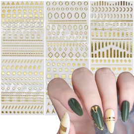 Geometry Nail Art Stickers, Holographic 5D Gold Nail Self-Adhesive Sticker Design, Bronzing Line Square Rhombus Circle Heart Nail Transfer Decals for Women Girls Manicure Glitter Art Decorations