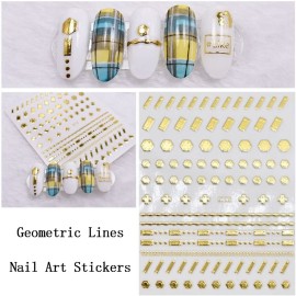 Geometry Nail Art Stickers, Holographic 5D Gold Nail Self-Adhesive Sticker Design, Bronzing Line Square Rhombus Circle Heart Nail Transfer Decals for Women Girls Manicure Glitter Art Decorations
