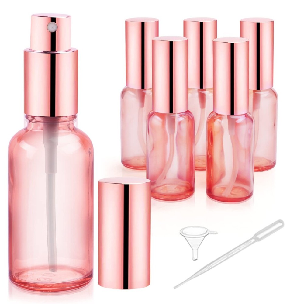 DMuuuDM 6 Pack 1 Oz Pink Glass Spray Bottles,Empty Perfume Fine Mist Atomizer,Rose-Golden Pump Head Travel Liquid Holder Containers for Cologne,Essential Oils,Body Sprays