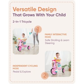 KRIDDO 2 in 1 Kids Tricycles Age 18 Month to 3 Years, EVA Wheels Upgraded, Gift, Trikes for Toddlers 2 to 3 Year Old with Push Handle and Duck Bell, Pink