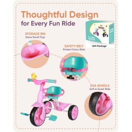 KRIDDO 2 in 1 Kids Tricycles Age 18 Month to 3 Years, EVA Wheels Upgraded, Gift, Trikes for Toddlers 2 to 3 Year Old with Push Handle and Duck Bell, Pink
