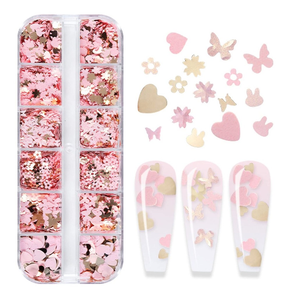 KACHIMOO Nail Glitter Sequins,12 Grids Gold Pink Nail Glitter Flakes 3D Cherry Blossoms Butterfly Nail Sequin Flakes Rabbit Heart Nail Charm Nail Accessories for Nail Art Decoration