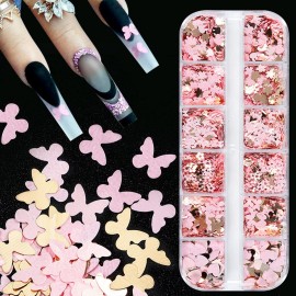KACHIMOO Nail Glitter Sequins,12 Grids Gold Pink Nail Glitter Flakes 3D Cherry Blossoms Butterfly Nail Sequin Flakes Rabbit Heart Nail Charm Nail Accessories for Nail Art Decoration