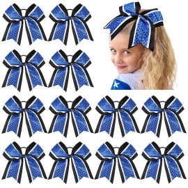 12 PCS 8 Large Glitter Cheer Bows Blue Black Girl Hair Bows Sparkly Cheerleading Softball Team Bow Hair Accessories for cheerleaders football Competition Sports