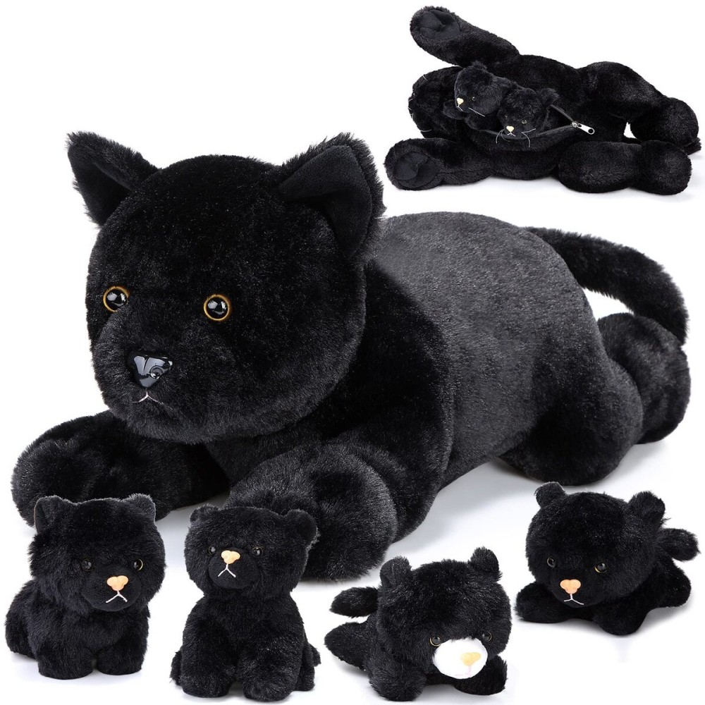 Skylety 5 Pieces Cat Stuffed Animal with Babies Inside Belly Pregnant Cat Plush Mommy Kitty with 4 Cute Fluffy Stuffed Kittens Easter Birthday Surprise Gifts(Black)
