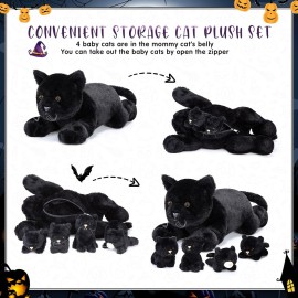Skylety 5 Pieces Cat Stuffed Animal with Babies Inside Belly Pregnant Cat Plush Mommy Kitty with 4 Cute Fluffy Stuffed Kittens Easter Birthday Surprise Gifts(Black)