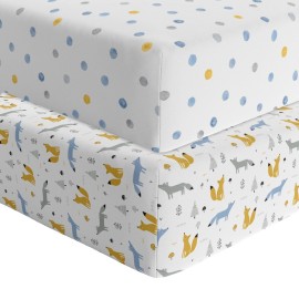 Featherhead 2-Pack Fitted Crib Sheets - 100% Cotton - 52 x 28 x 9 for Standard Crib and Toddler Mattress (Percale Blue Foxes)