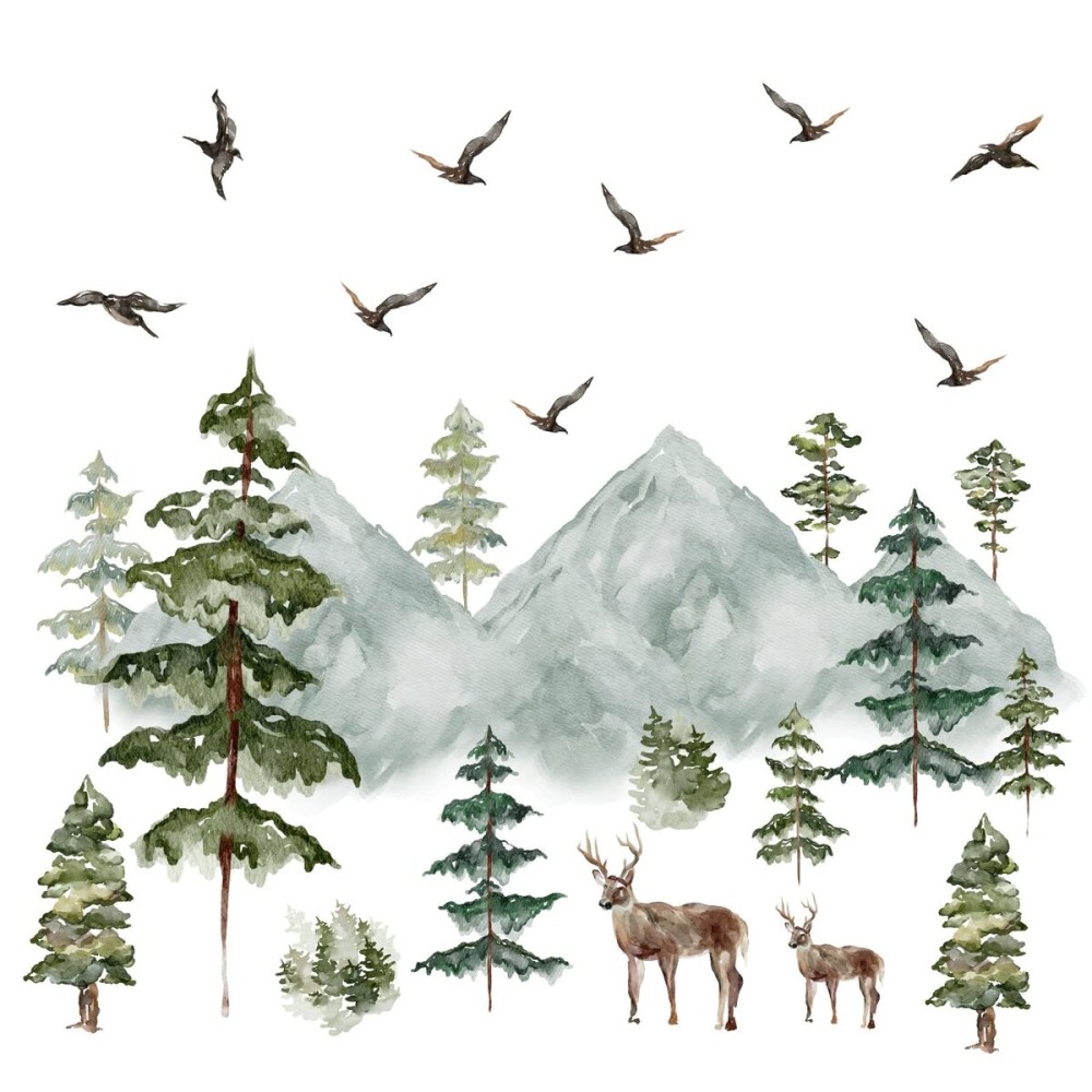 Mountain Wall Decals Large Pine Tree Wall Decals Peel and Stick Forest Tree Deer Birds Woodland Animal Decal Mountain Trees Stickers for Kids Room Nursery Decor