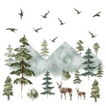 Mountain Wall Decals Large Pine Tree Wall Decals Peel and Stick Forest Tree Deer Birds Woodland Animal Decal Mountain Trees Stickers for Kids Room Nursery Decor