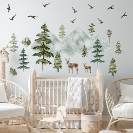 Mountain Wall Decals Large Pine Tree Wall Decals Peel and Stick Forest Tree Deer Birds Woodland Animal Decal Mountain Trees Stickers for Kids Room Nursery Decor