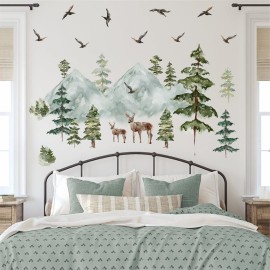 Mountain Wall Decals Large Pine Tree Wall Decals Peel and Stick Forest Tree Deer Birds Woodland Animal Decal Mountain Trees Stickers for Kids Room Nursery Decor
