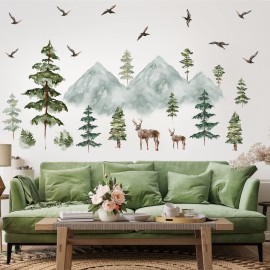 Mountain Wall Decals Large Pine Tree Wall Decals Peel and Stick Forest Tree Deer Birds Woodland Animal Decal Mountain Trees Stickers for Kids Room Nursery Decor