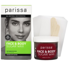 Parissa Face & Body Sugar Wax for Sensitive Skin, 100% Natural Hair Removal, At-Home Waxing Kit - 140ml Chamomile Sugar Wax, 20 Epilation Strips, 3 Wooden Spatulas, 5 Fl Oz (Pack of 1)