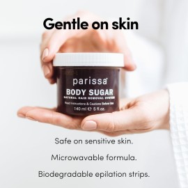 Parissa Face & Body Sugar Wax for Sensitive Skin, 100% Natural Hair Removal, At-Home Waxing Kit - 140ml Chamomile Sugar Wax, 20 Epilation Strips, 3 Wooden Spatulas, 5 Fl Oz (Pack of 1)