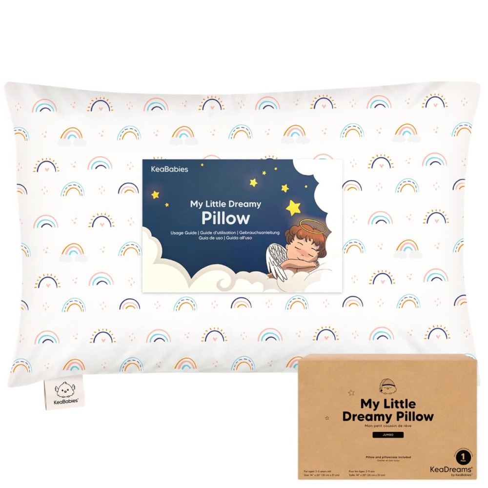 KeaBabies Toddler Pillow with Pillowcase, Jumbo 14X20 - Soft Organic Cotton Toddler Pillows for Sleeping - Machine Washable - Perfect for Travel, Toddler Bed Set (Jolly Rainbow)