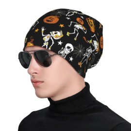 Halloween Skulls and Pumpkins Beanie Chemo Hat Cancer Headwear Knitted Hats Baggy Slouchy Scarf Cap for Adults Women Men