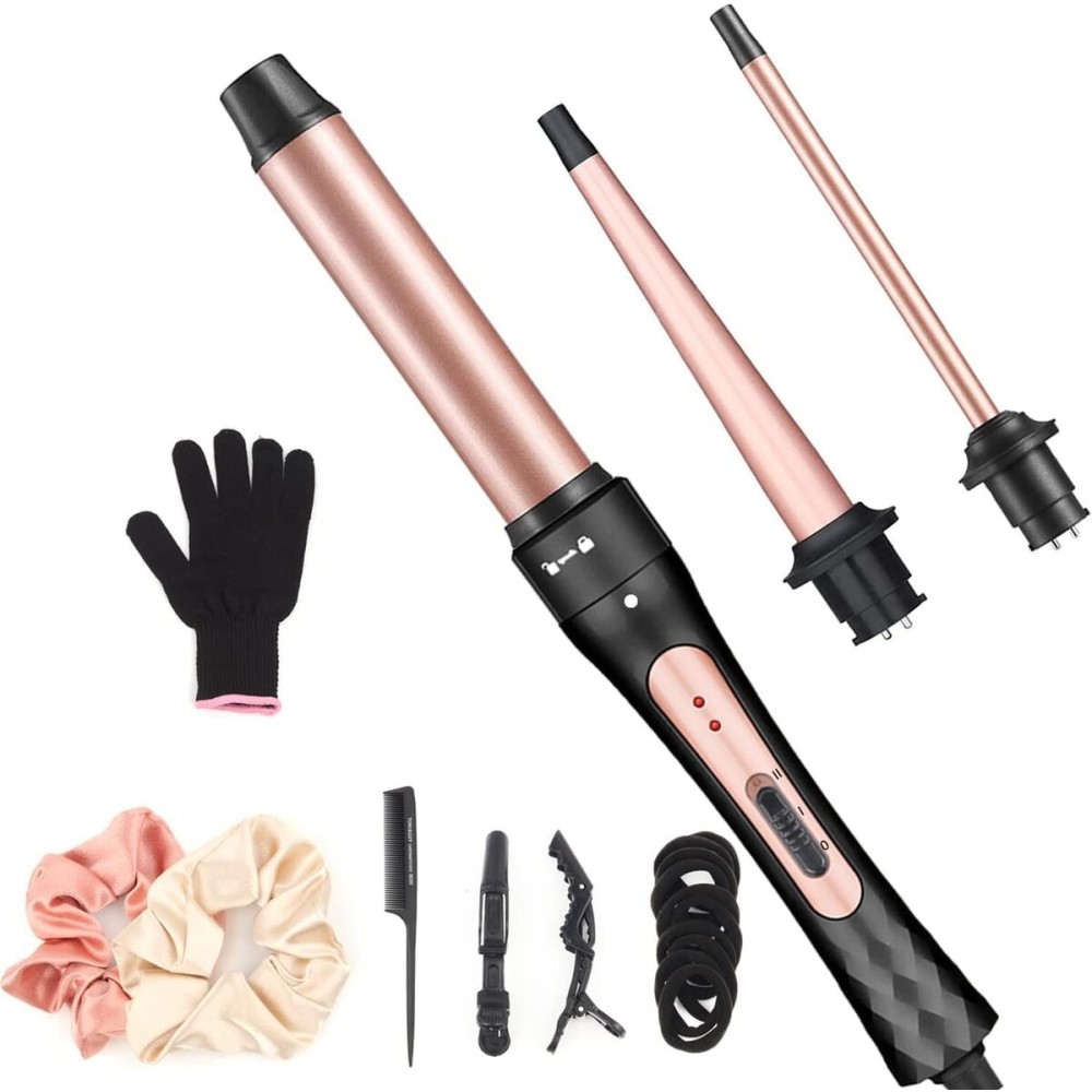 Curling Iron Wand Set, Curling Wand 3 in 1 Hair Curling Wands Interchangeable Ceramic 0.35-1.25inch Barrel Hair Curler, with Heat Resistant Glove