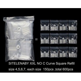 No C curve XXL Square Nail tips size 4,5,6,7 , 600pcs per bag Clear Acrylic Nails Square Shape Nail Tips SITELENABY Flattened Half Cover False Nails for Salon&Home DIY French ABS Nail Art Tips(size 4,5,6,7 for xxl no c square)