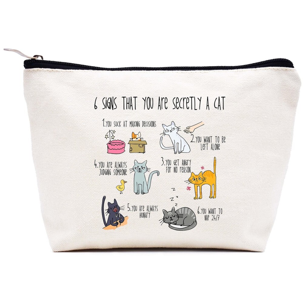 LIBIHUA Crazy Cat Lady Bag-Puss Theme Bag - Gifts for Puss Lovers- Makeup Bag Cosmetic Bag Travel Pouch Present-Six Signs That You Are Secretly a Cat