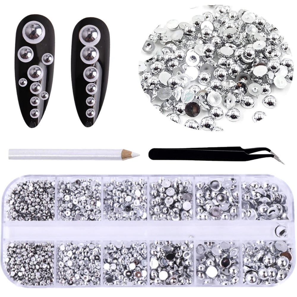 RODAKY 2000Pcs AB Silver Half Pearls for Crafts,Flatback Half Round Pearl for Nails,6 Sizes AB Silver Pearl Beads Rhinestones for Nails Art Design DIY Crafts Jewelry Making Clothe Shoes Decoration