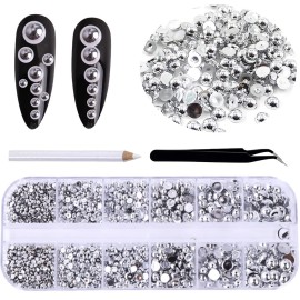 RODAKY 2000Pcs AB Silver Half Pearls for Crafts,Flatback Half Round Pearl for Nails,6 Sizes AB Silver Pearl Beads Rhinestones for Nails Art Design DIY Crafts Jewelry Making Clothe Shoes Decoration