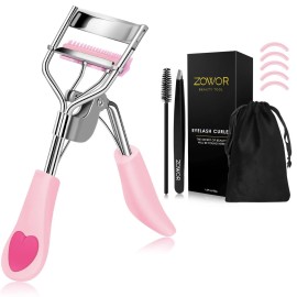 Zowor Eyelash Curler with 5PCS Silicone Refill Pad Fit All Eye Shape Curved Eyelash Curler,Natural and Long Lasting Lash Curler for Women Make Up Gift(Light Pink)