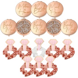 Roowest 16Pcs Bridesmaid Gifts Set Compact Mirrors and Scrunchies Set Proposal Compact Pocket Diamond Makeup Mirrors with Hair Scrunchies for Wedding Bachelorette Bride Shower Party Gifts(Rose Gold)