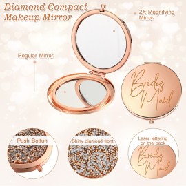 Roowest 16Pcs Bridesmaid Gifts Set Compact Mirrors and Scrunchies Set Proposal Compact Pocket Diamond Makeup Mirrors with Hair Scrunchies for Wedding Bachelorette Bride Shower Party Gifts(Rose Gold)