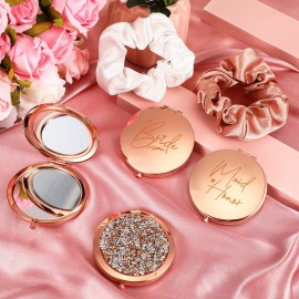 Roowest 16Pcs Bridesmaid Gifts Set Compact Mirrors and Scrunchies Set Proposal Compact Pocket Diamond Makeup Mirrors with Hair Scrunchies for Wedding Bachelorette Bride Shower Party Gifts(Rose Gold)