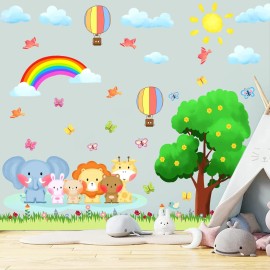 KOKOLAP Tree Animal Wall Stickers,Forest Animal Wall Decal Baby Room Decor,Nursery Wall Decor Rainbow Wall Stickers Peel and Stick,Elephant Bear Wall Sticker Kids Room Bedroom Classroom Playroom Decor