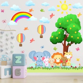 KOKOLAP Tree Animal Wall Stickers,Forest Animal Wall Decal Baby Room Decor,Nursery Wall Decor Rainbow Wall Stickers Peel and Stick,Elephant Bear Wall Sticker Kids Room Bedroom Classroom Playroom Decor