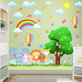 KOKOLAP Tree Animal Wall Stickers,Forest Animal Wall Decal Baby Room Decor,Nursery Wall Decor Rainbow Wall Stickers Peel and Stick,Elephant Bear Wall Sticker Kids Room Bedroom Classroom Playroom Decor
