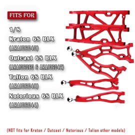 RCMYou Upgrades Suspension Arms for 1/8 Arrma Kraton 6S BLX,Outcast 6S BLX,Talion 6S BLX,Notorious 6S BLX,Aluminum Front Rear A Arms & Lower Upper Swing A-Arm Set Hops up w/Pivot Balls,6pcs,Red