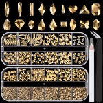 18 Styles Multi-Shaped Glass Gemstones for Nails and 6 Sizes Round Crystal Rhinestones Kit 9, Mineral Gold Nail Art Charm Bead Manicure Decoration with Pickup Pencil and Tweezer